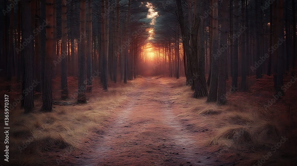 Fototapeta premium Sunset Path Through A Dark Pine Forest