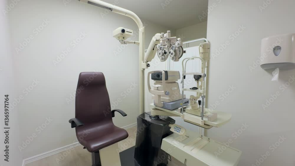 A modern optometry examination room featuring an ophthalmic chair, a phoropter, and other eye diagnostic equipment in a clean and professional setting. A modern optometry examination room featuring an ophthalmic chair, a phoropter, and other eye diagnostic equipment in a clean and professional setting.