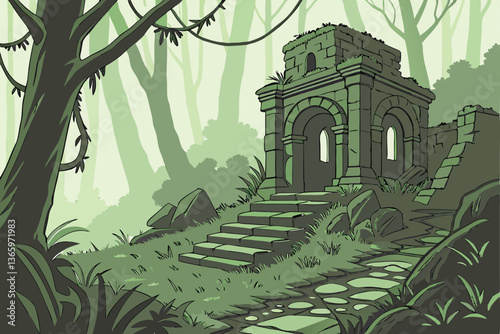 72 Ancient ruins, lush jungle, overgrown temple, moss-covered stones, crumbling arches, misty atmosphere, sunbeams through canopy, verdant foliage, hidden pathways, mystical ambiance, forgotten civili
