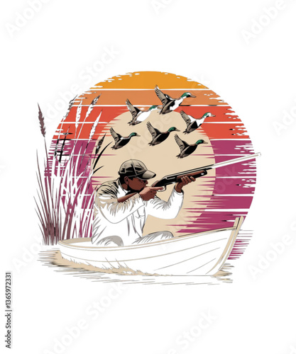 Vintage Duck Hunting Retro Sunset Illustration
