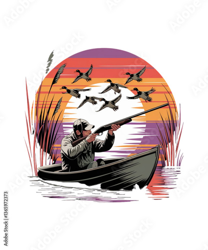 Vintage Duck Hunting Retro Sunset Illustration
