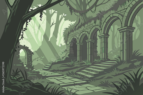 72 Ancient ruins, lush jungle, overgrown temple, moss-covered stones, crumbling arches, misty atmosphere, sunbeams through canopy, verdant foliage, hidden pathways, mystical ambiance, forgotten civili