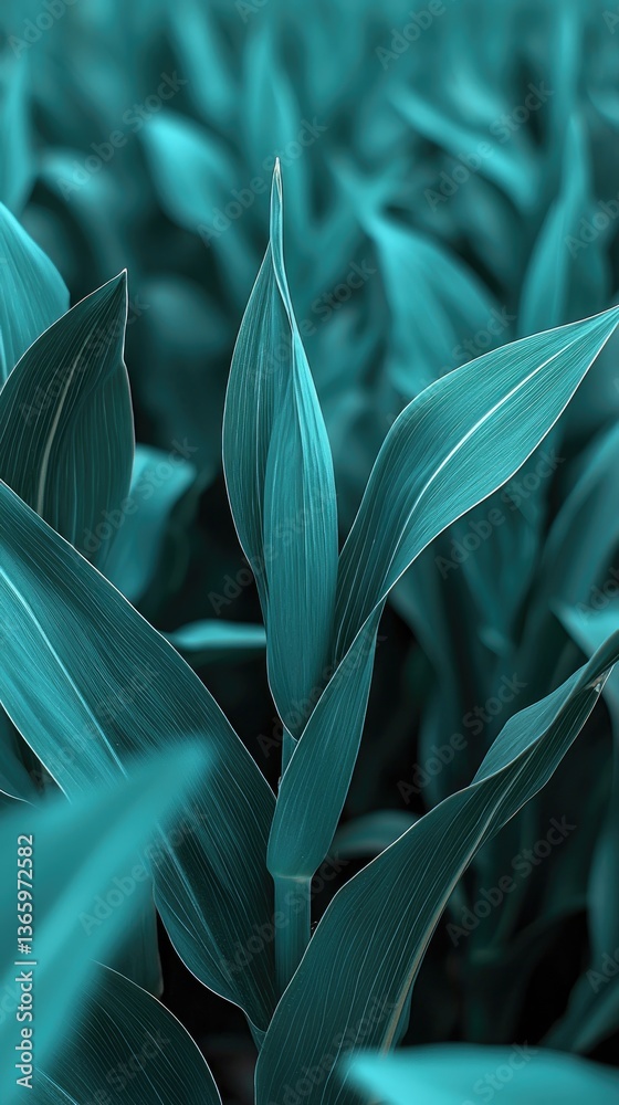 Fototapeta premium Teal Leaves Closeup in Field. Possible use Nature background for prints or web