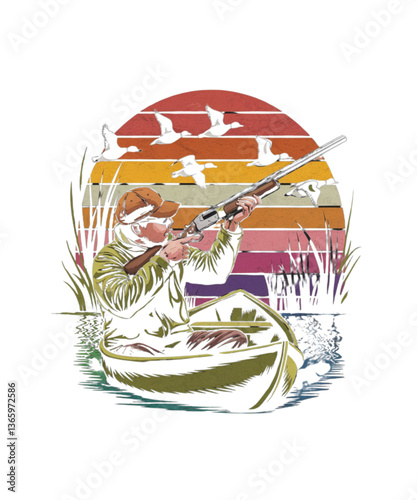 Vintage Duck Hunting Retro Sunset Illustration
