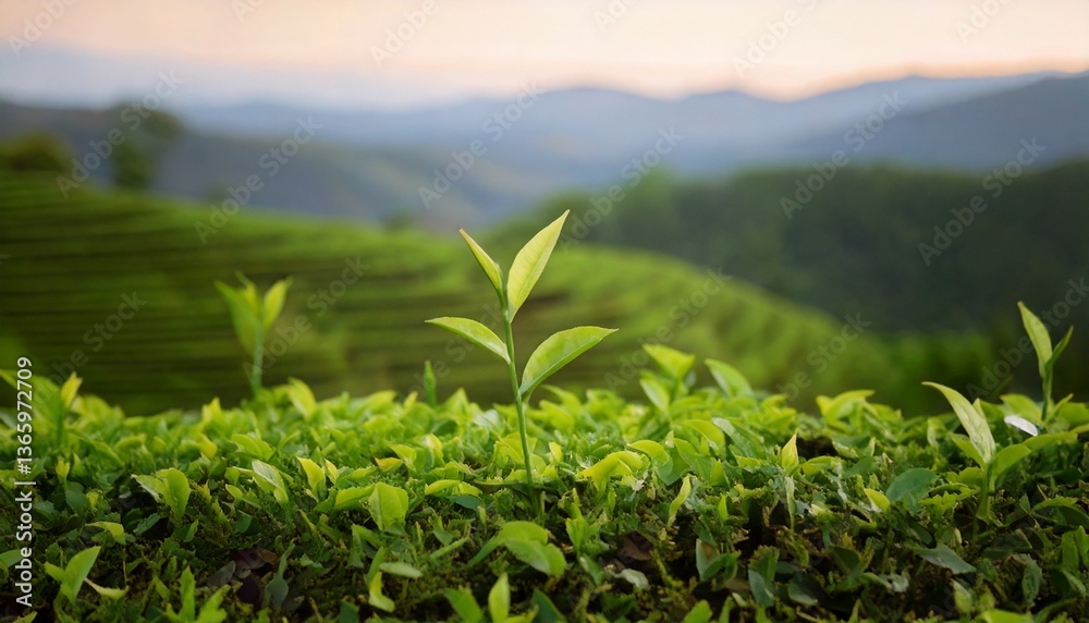 Close up photo of tea leaf shoots with blurred background
