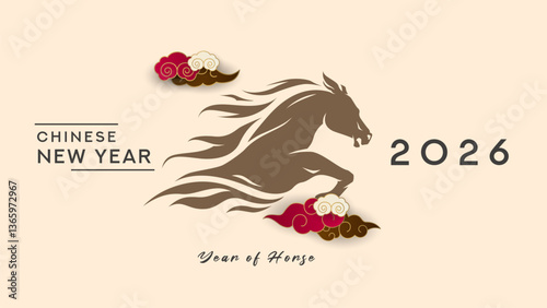 Chinese New Year 2026 illustration featuring a stylized horse head representing the Year of the Horse. Modern design and traditional Chinese patterns. Celebration New Year 2026. (Translated: horse)