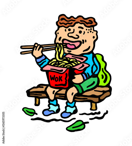 
Colorful vector illustration of a teenager appetizingly eating oriental wok noodles on a white isolated background