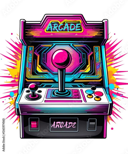 Retro Arcade Machine Neon Illustration - Vibrant Gaming Art for T-Shirt Design and POD site design.