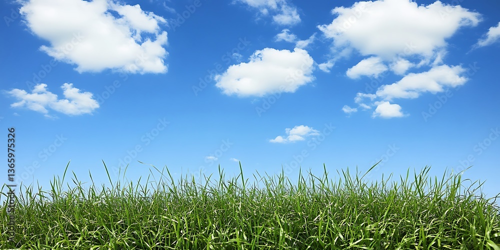 Fototapeta premium Serene landscape with vivid green meadow under bright blue sky filled clouds
