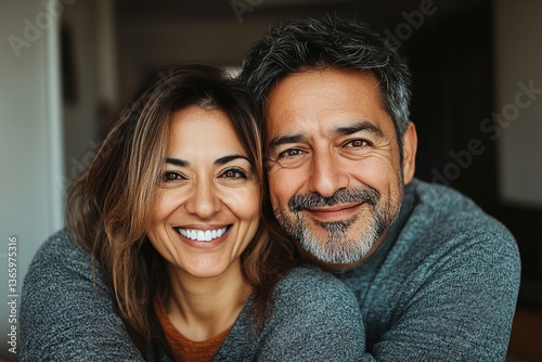 Cheerful attractive young middle aged Hispanic couple posing for home portrait together, having fun, looking at camera with perfect toothy smile. Happy wife hugging beloved husband from behind