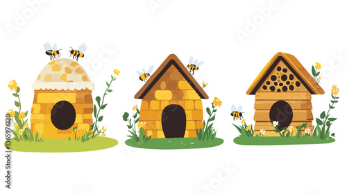 Set of colorful illustrations depicting bee houses in a vibrant outdoor garden environment with bees hovering nearby