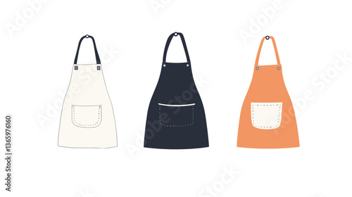 Illustration of a modern set of aprons in various colors hanging side by side