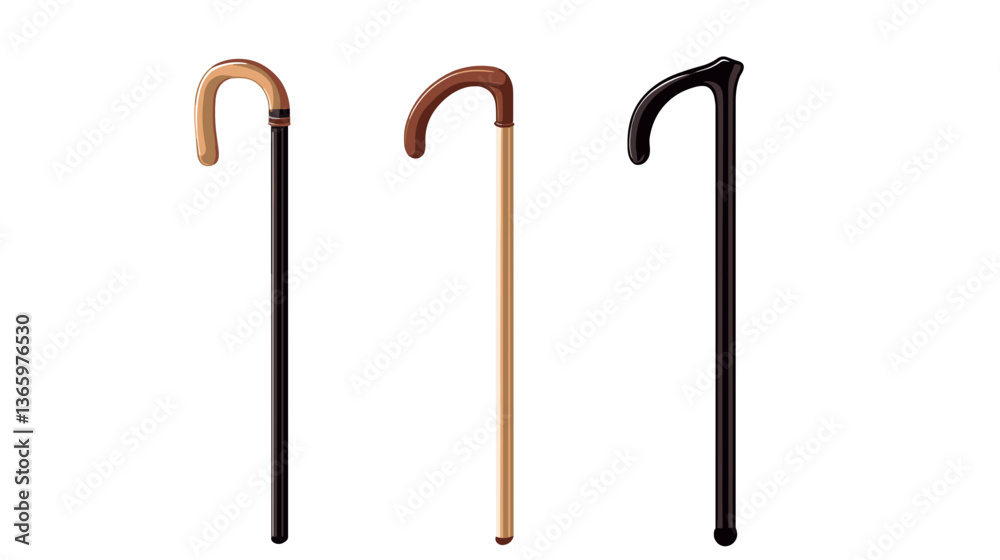 Modern styled illustration featuring three unique walking canes of varying designs and colors displayed in a set Modern styled illustration featuring three unique walking canes of varying designs and colors displayed in a set
