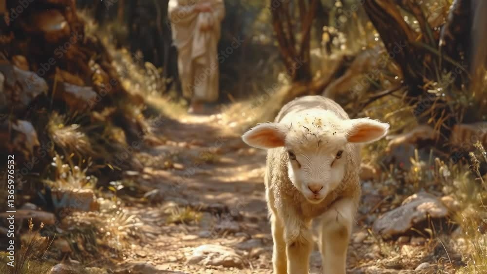 Jesus walking whit deer in the forest