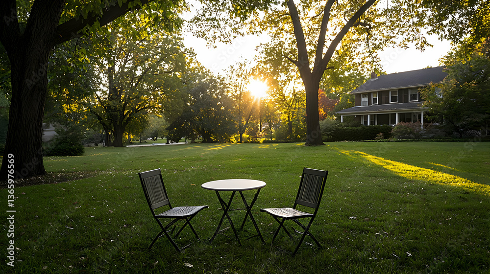 Obraz premium Tranquil Garden Scene With Table And Chairs Under Bright Sunlight Near House
