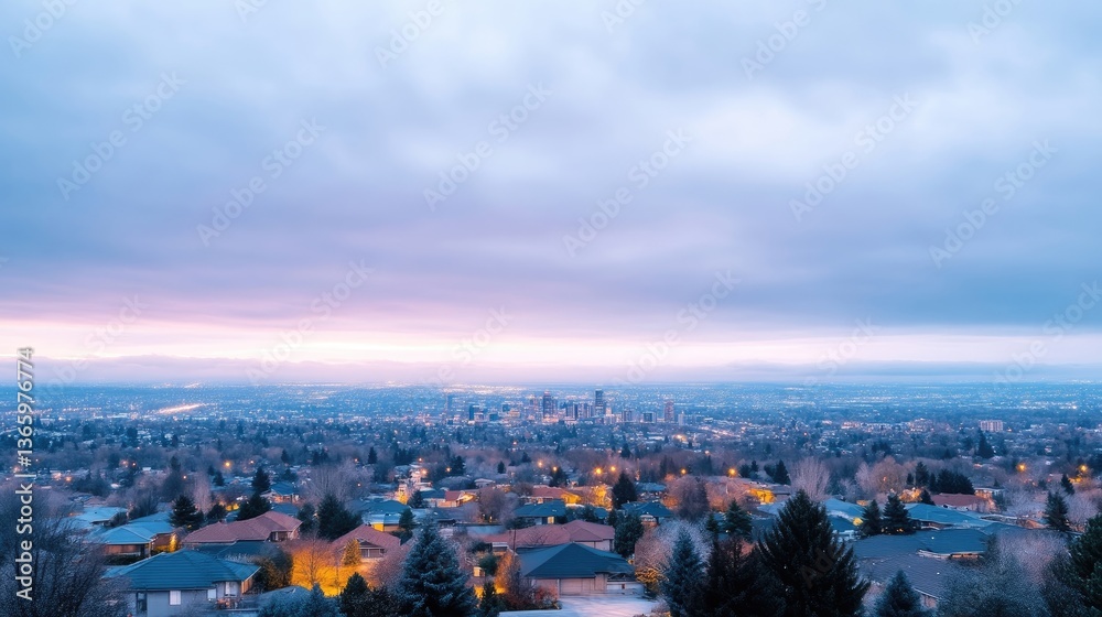 Obraz premium Cityscape at dawn, tranquil view of residential areas