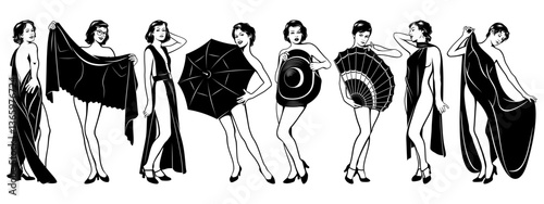 Set of Half Naked Women Covered by sheet, shawl, blanket, hat, umbrella, fan. Black and white vector cliparts isolated on white.