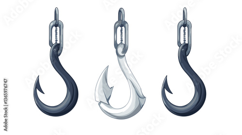 Modern illustration of a set of fishing hooks showcasing different styles and designs highlighting functionality and craftsmanship