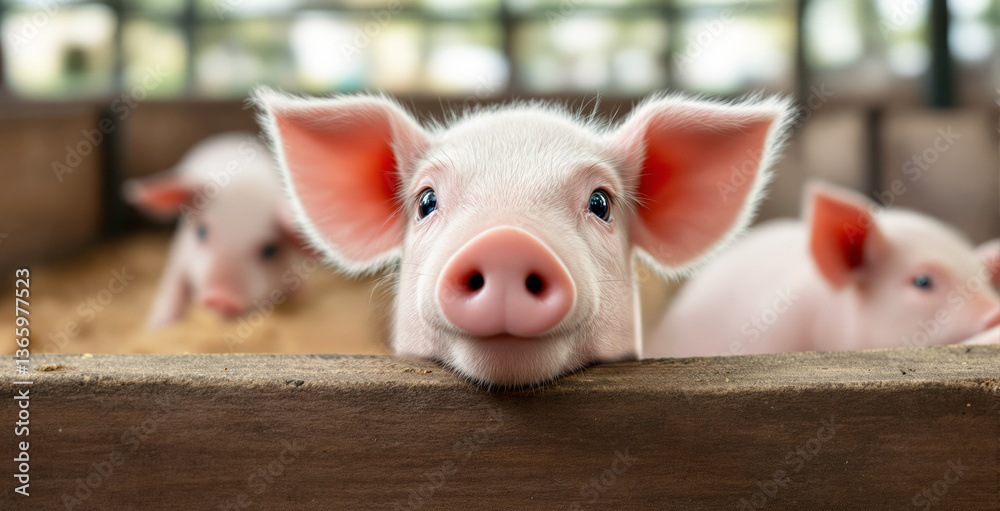 Fototapeta premium Adorable piglet with pink ears and snout peeking over a wooden fence, with blurred piglets in the background on a farm. Concept of innocence and curiosity. Ai generative