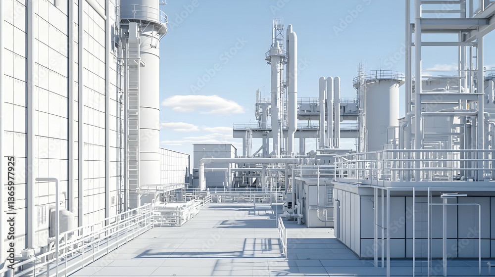 White Industrial Complex Under Clear Blue Sky with Steel Structures and Pipelines White Industrial Complex Under Clear Blue Sky with Steel Structures and Pipelines
