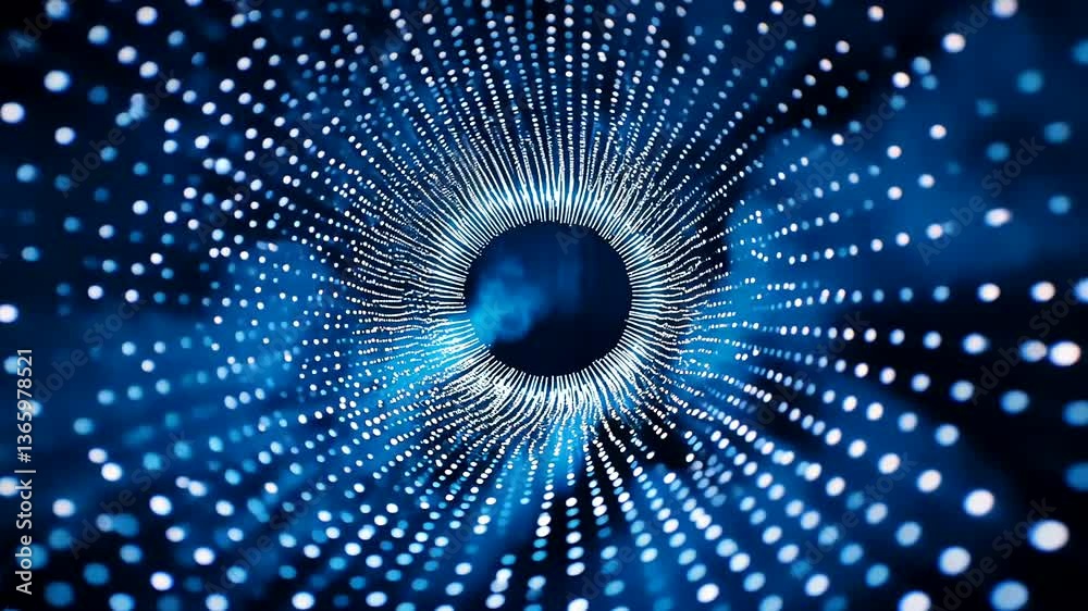 Abstract blue light tunnel with glowing dots creating a sense of depth and motion