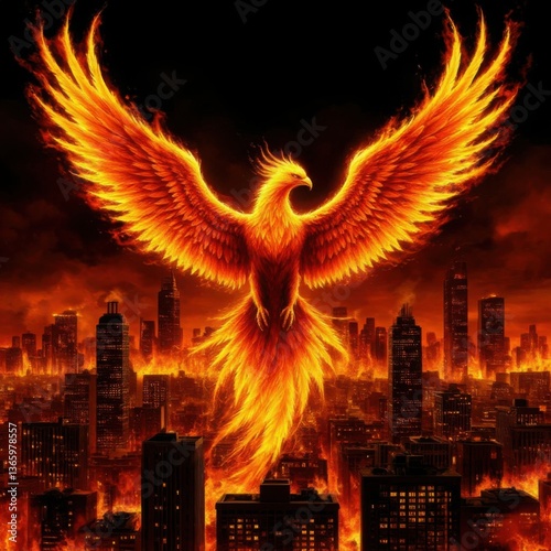 A phoenix hovering above a burning city symbolizing new life on a black background (symbolic). Generated AI