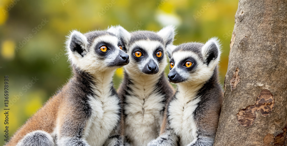 Obraz premium Three lemurs with bright orange eyes sitting together near a tree, surrounded by a blurred natural background. Wildlife and animal companionship concept. Ai generative