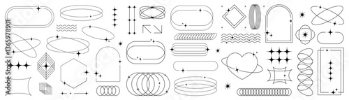 Vector set of abstract geometric line elements, including aesthetic sparkles, dynamic waves, and futuristic frames in a contemporary and minimalistic design