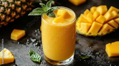 Fototapeta Naklejka Na Ścianę i Meble -  A refreshing cold fruit smoothie with tropical fruits like pineapple, banana, and mango in a glass