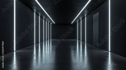 A modern, minimalist corridor illuminated by sleek neon lights, creating a futuristic ambiance in a dark space