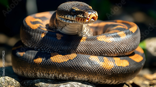Mighty African rock python coils on sun-warmed stones, its muscular body and powerful constriction proving it as a dominant predator