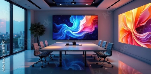 High-tech boardroom, minimalist furniture, large display , meeting room, technology