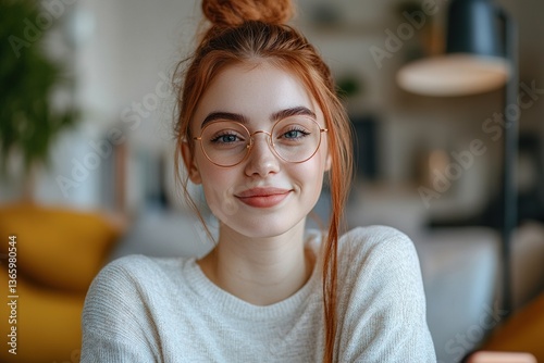 Independent and confident millennial. Head shot portrait profile picture at social media of young casual beautiful woman student freelance worker posing at home looking at camera talking by video call