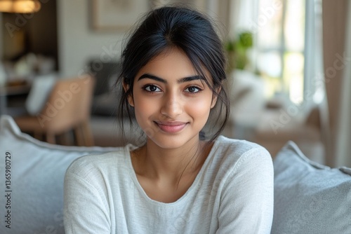 Wallpaper Mural Head shot of beautiful young Indian woman sitting alone on sofa at home, posing for camera exude optimism, positive mood. Generation Z female, profile picture, portrait of virtual meeting participant Torontodigital.ca