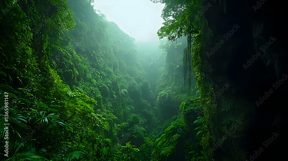 Fototapeta premium Dense Green Jungle Vegetation Sunlight Through Mist Creating Atmospheric Depth And Mysterious Landscape
