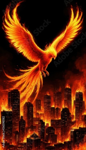 A phoenix hovering above a burning city symbolizing new life on a black background (symbolic). Generated AI