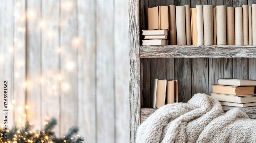 Classic rustic reading space with a weathered wooden bookshelf, cozy wool blanket, and warm ambiance Classic rustic reading space with a weathered wooden bookshelf, cozy wool blanket, and warm ambiance