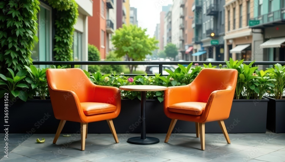 Stylish orange accent chairs, round table, greenery, urban backdrop , interior design, plant, city view Stylish orange accent chairs, round table, greenery, urban backdrop , interior design, plant, city view