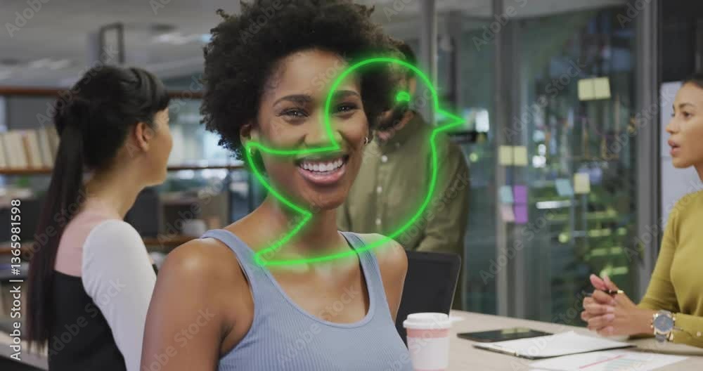 In office, woman smiling with green chat icon animation over face