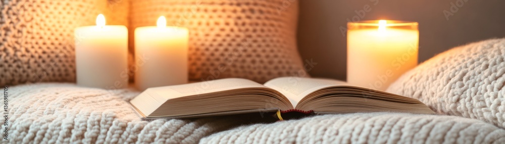 Fototapeta premium Warm candlelit reading nook with soft plush cushions, dim lighting, and an open book
