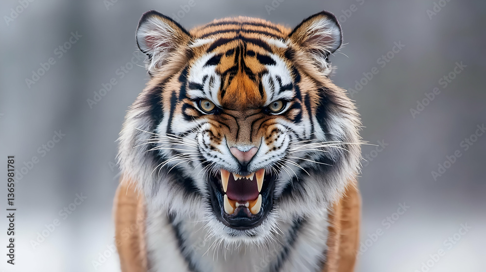 Fototapeta premium Ferocious Tiger Portrait In Winter Landscape