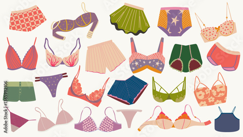 Trendy female underwear, lingerie set. Panties, bikinis and bras. Modern hand drawn collection of women's underwear.