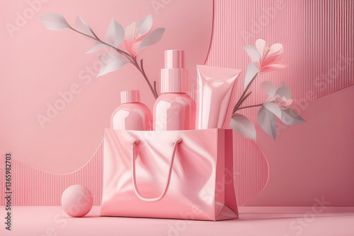 The image shows a stylish composition with pink cosmetic products. In the center there is a pink bag with a shiny texture, from which three bottles peek out on a powdery pink background
