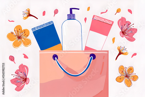 A vibrant illustration of a bag filled with collection cosmetics and flowers, perfect for beauty and shopping themes.