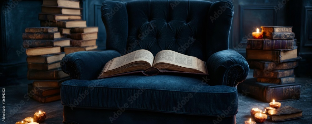 Fototapeta premium Mystical reading nook with a dark gothic aesthetic, old scrolls, and a deep velvet armchair