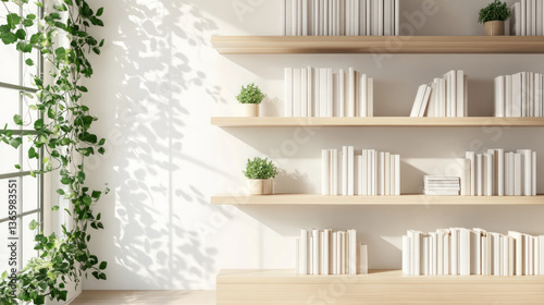 A serene interior with wooden shelves filled with white books, sunlight streaming through a window, and green plants