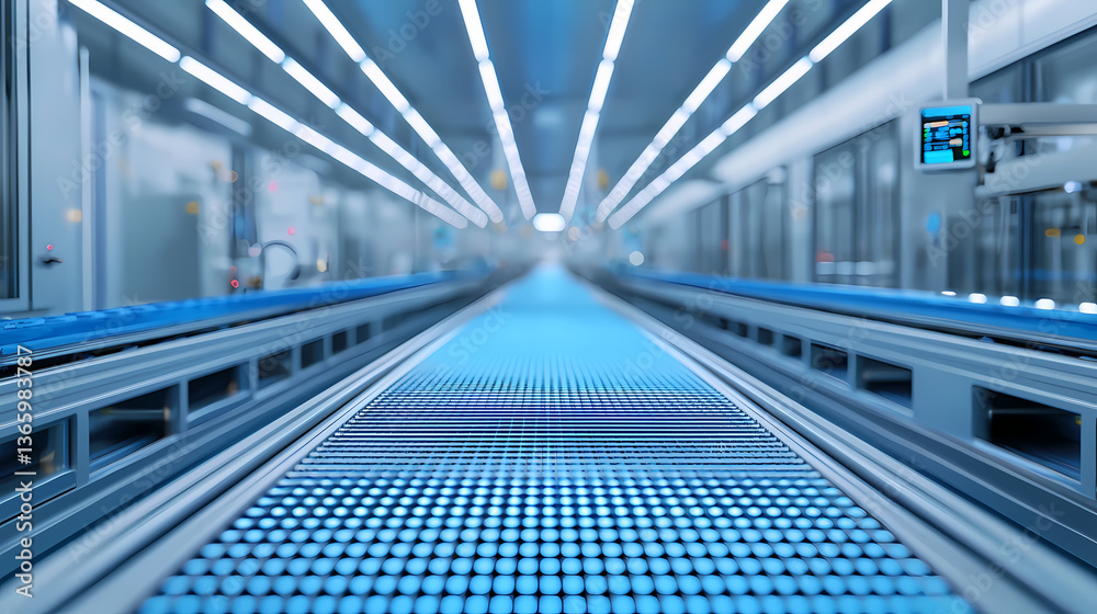 Naklejka premium A futuristic, illuminated corridor featuring blue-lit surfaces and sleek lines, suggesting a high-tech environment or manufacturing space.