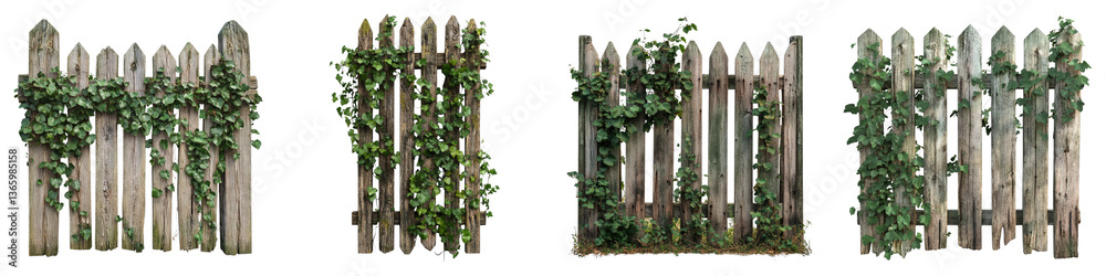 Old wooden fence overgrown isolated on transparent background. PNG ,Set of