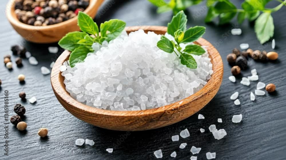 Coarse sea salt in bowl with fresh herbs on black slate surface Coarse sea salt in bowl with fresh herbs on black slate surface