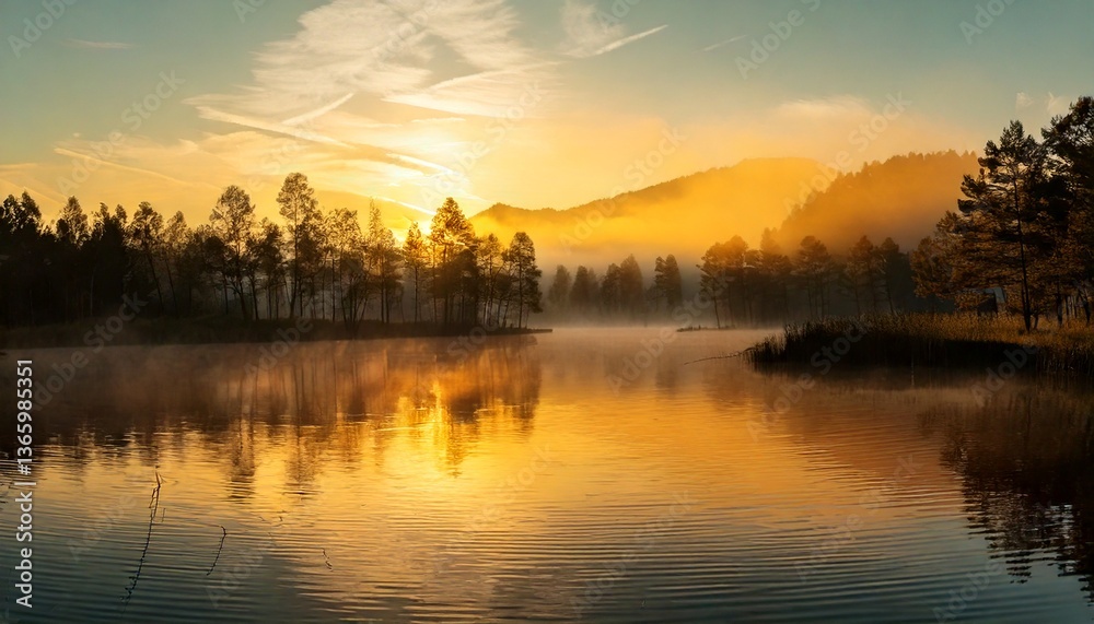Golden Hour Mist Over a Mirror-Like Lake Golden Hour Mist Over a Mirror-Like Lake